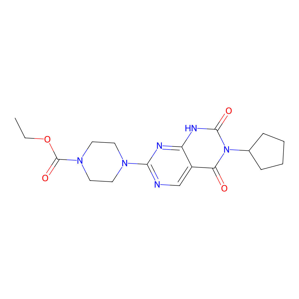 Ethyl 4-(6-cyclopentyl-5,7-dioxo-5,6,7,8-tetrahydropyrimido[4,5-d]pyrimidin-2-yl)piperazine-1-carboxylate molecular structure, CAS 1396876-26-8