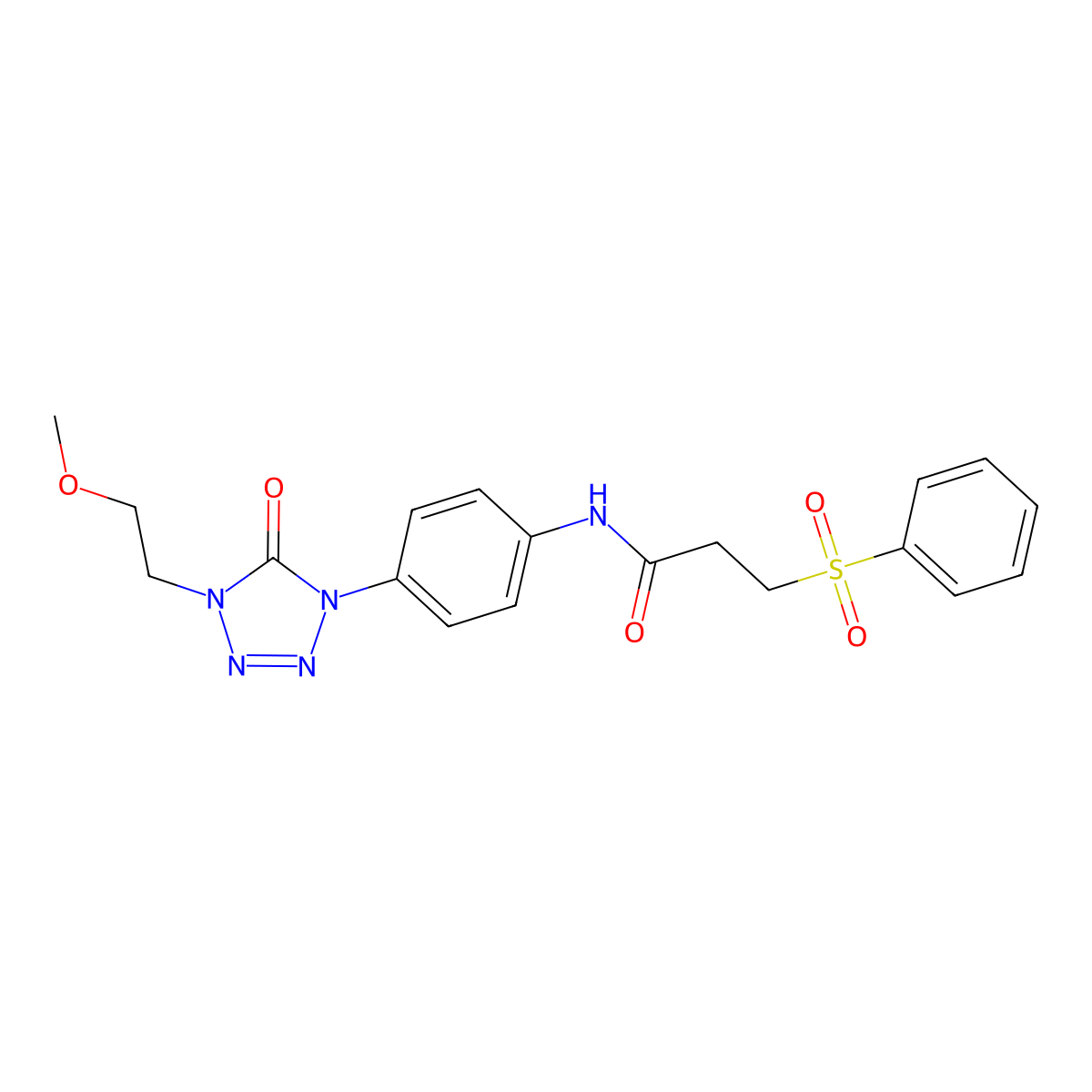 3-(benzenesulfonyl)-N-{4-[4-(2-methoxyethyl)-5-oxo-4,5-dihydro-1H-1,2,3,4-tetrazol-1-yl]phenyl}propanamide molecular structure, CAS 1396876-32-6