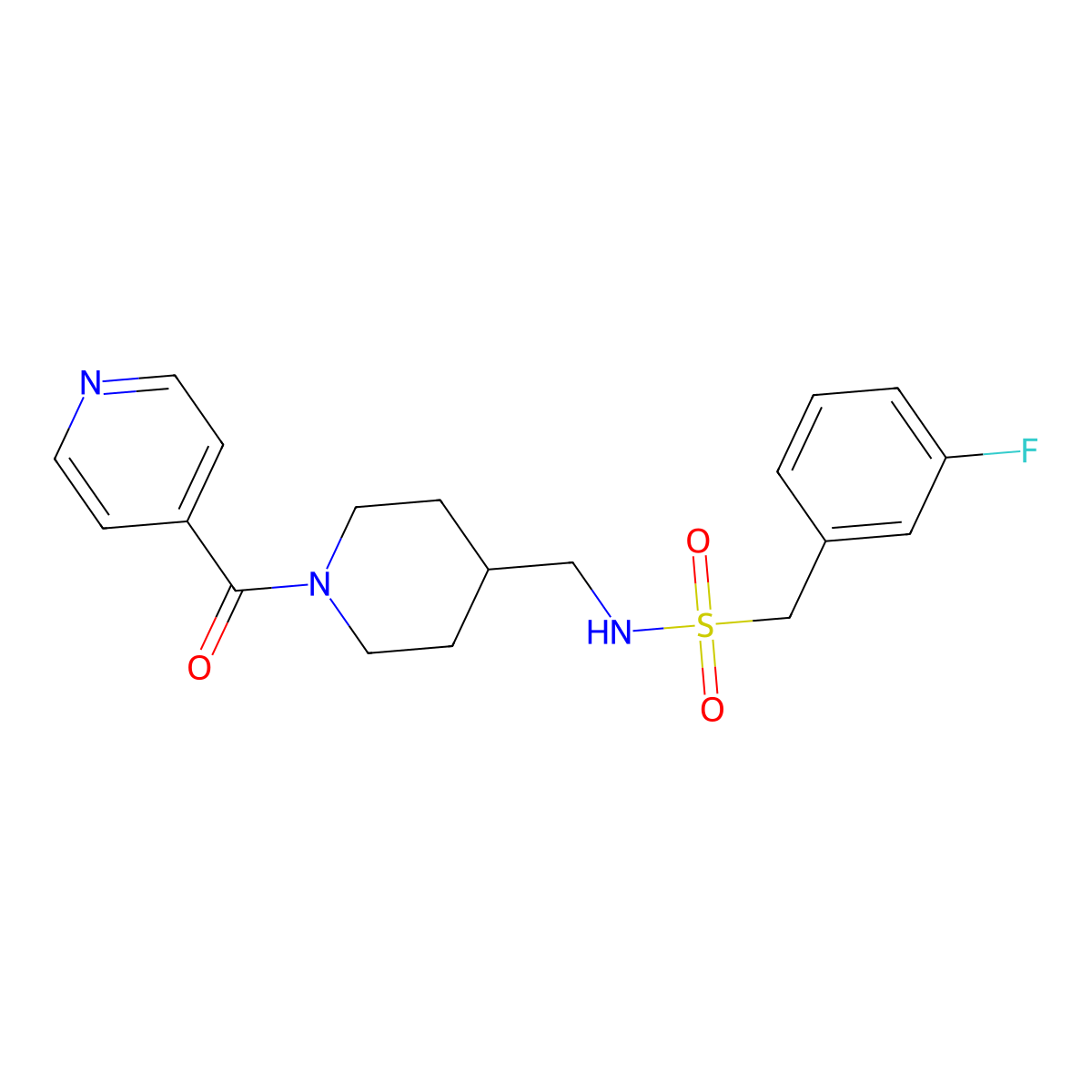 1-(3-fluorophenyl)-N-((1-isonicotinoylpiperidin-4-yl)methyl)methanesulfonamide molecular structure, CAS 1396876-34-8