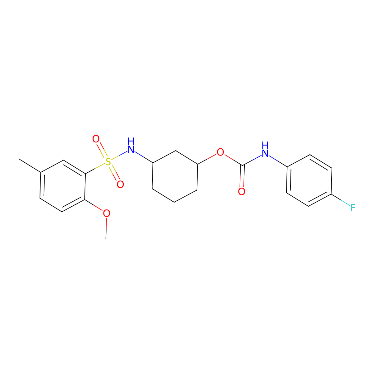 3-(2-methoxy-5-methylbenzenesulfonamido)cyclohexyl N-(4-fluorophenyl)carbamate molecular structure, CAS 1396876-57-5