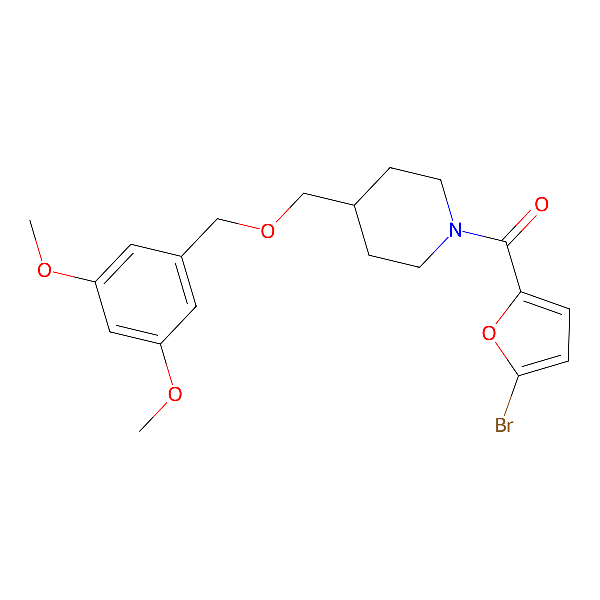 (5-Bromofuran-2-yl)(4-(((3,5-dimethoxybenzyl)oxy)methyl)piperidin-1-yl)methanone molecular structure, CAS 1396876-58-6