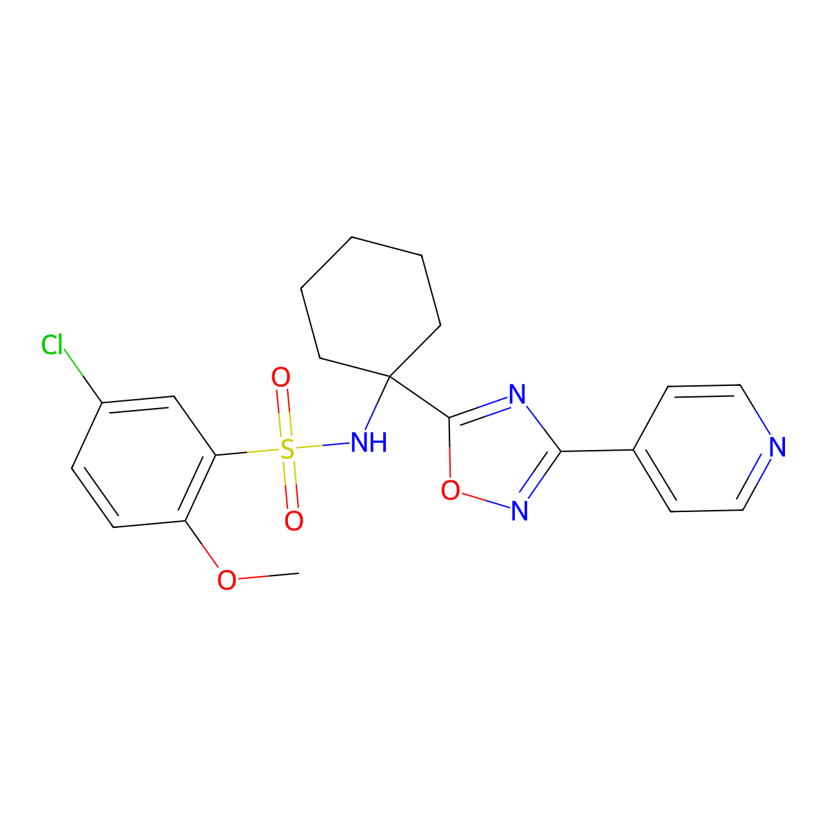 5-chloro-2-methoxy-N-(1-(3-(pyridin-4-yl)-1,2,4-oxadiazol-5-yl)cyclohexyl)benzenesulfonamide molecular structure, CAS 1396876-61-1