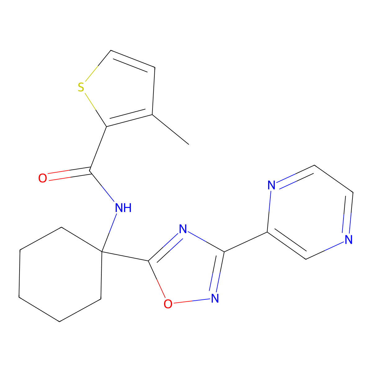 3-methyl-N-{1-[3-(pyrazin-2-yl)-1,2,4-oxadiazol-5-yl]cyclohexyl}thiophene-2-carboxamide molecular structure, CAS 1396876-75-7
