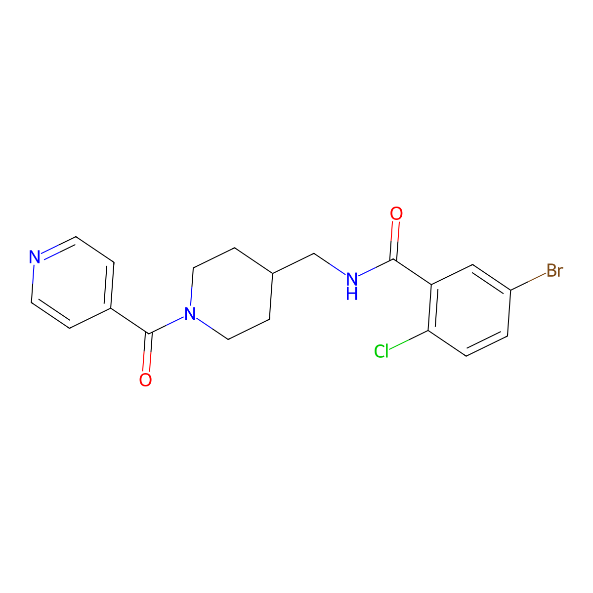 5-bromo-2-chloro-N-((1-isonicotinoylpiperidin-4-yl)methyl)benzamide molecular structure, CAS 1396876-80-4