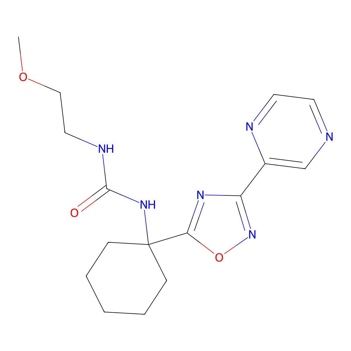 3-(2-Methoxyethyl)-1-{1-[3-(pyrazin-2-yl)-1,2,4-oxadiazol-5-yl]cyclohexyl}urea molecular structure, CAS 1396876-89-3