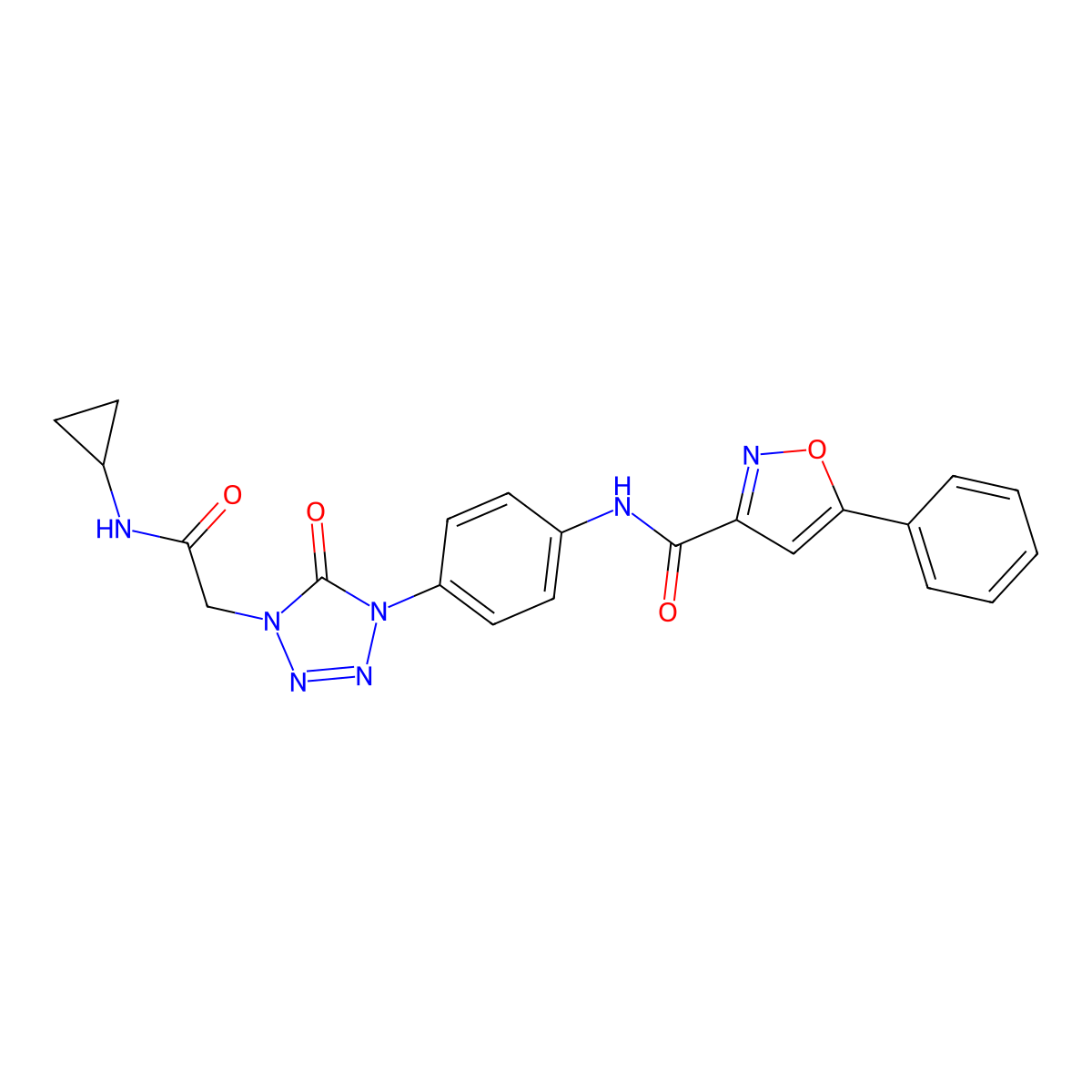 N-(4-(4-(2-(cyclopropylamino)-2-oxoethyl)-5-oxo-4,5-dihydro-1H-tetrazol-1-yl)phenyl)-5-phenylisoxazole-3-carboxamide molecular structure, CAS 1396876-92-8