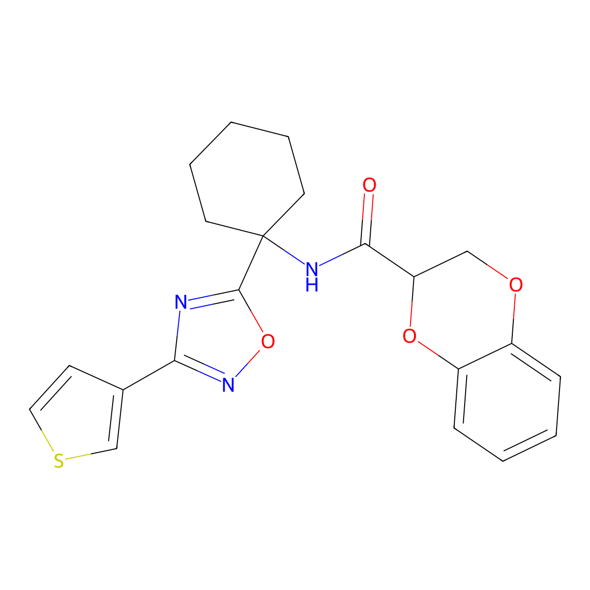 N-(1-(3-(thiophen-3-yl)-1,2,4-oxadiazol-5-yl)cyclohexyl)-2,3-dihydrobenzo[b][1,4]dioxine-2-carboxamide molecular structure, CAS 1396876-97-3