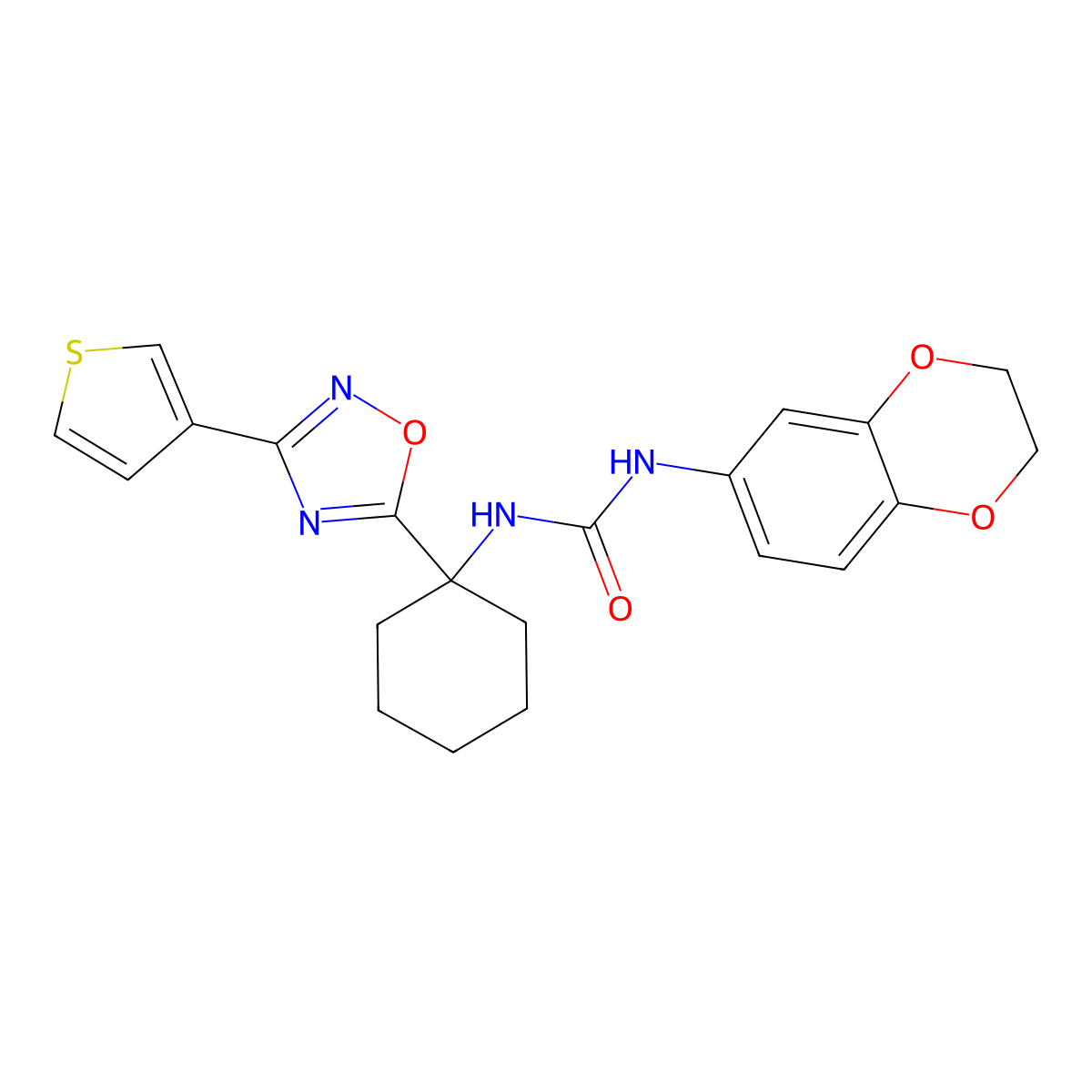 1-(2,3-Dihydro-1,4-benzodioxin-6-yl)-3-{1-[3-(thiophen-3-yl)-1,2,4-oxadiazol-5-yl]cyclohexyl}urea molecular structure, CAS 1396877-12-5