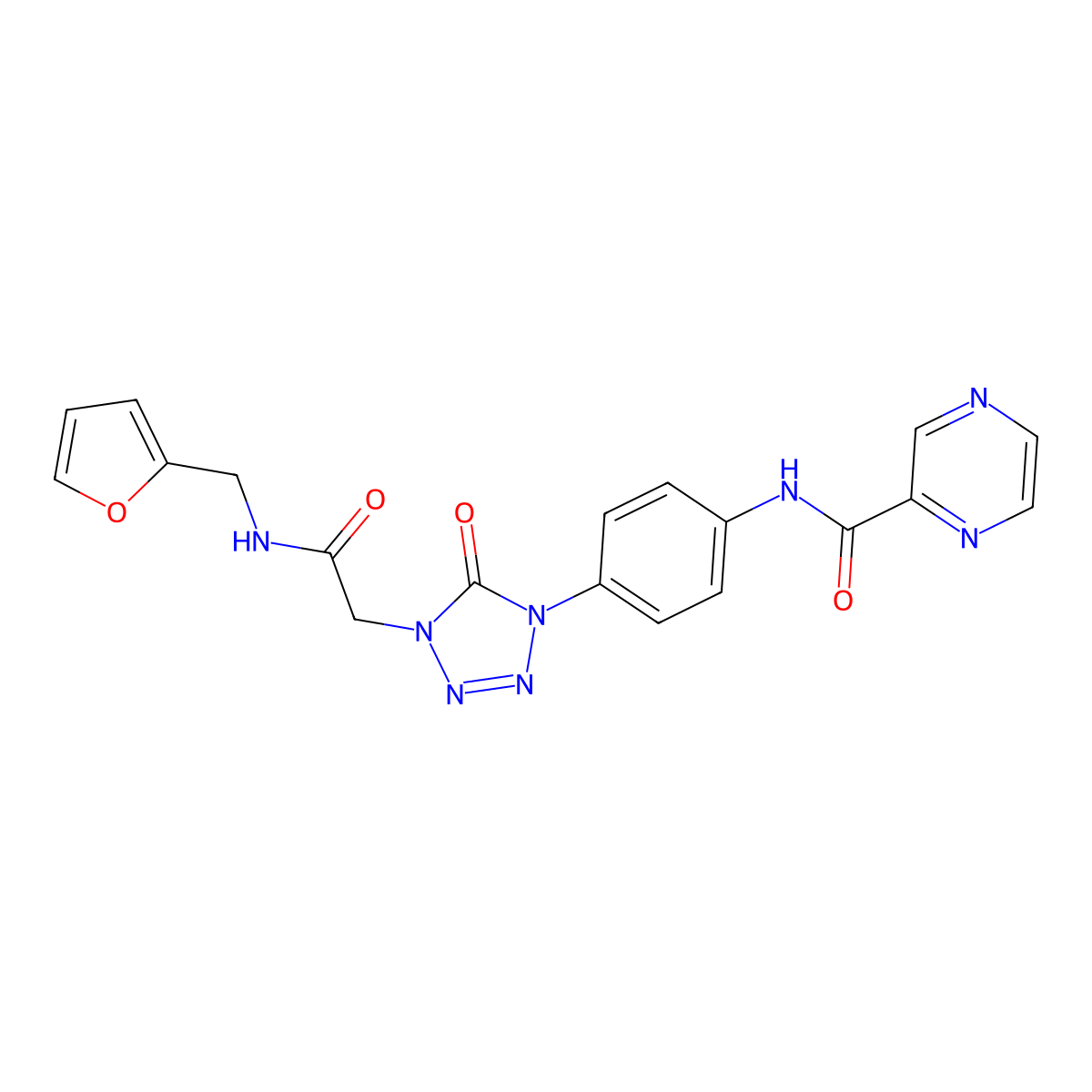 N-(4-(4-(2-((furan-2-ylmethyl)amino)-2-oxoethyl)-5-oxo-4,5-dihydro-1H-tetrazol-1-yl)phenyl)pyrazine-2-carboxamide molecular structure, CAS 1396877-27-2