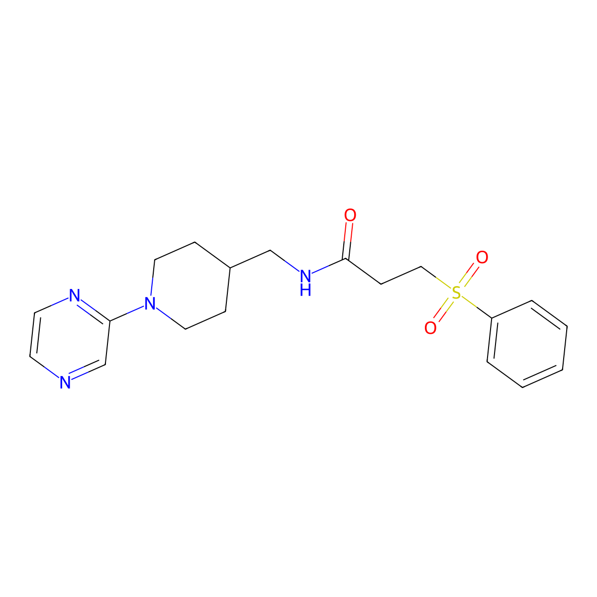 3-(phenylsulfonyl)-N-((1-(pyrazin-2-yl)piperidin-4-yl)methyl)propanamide molecular structure, CAS 1396877-40-9