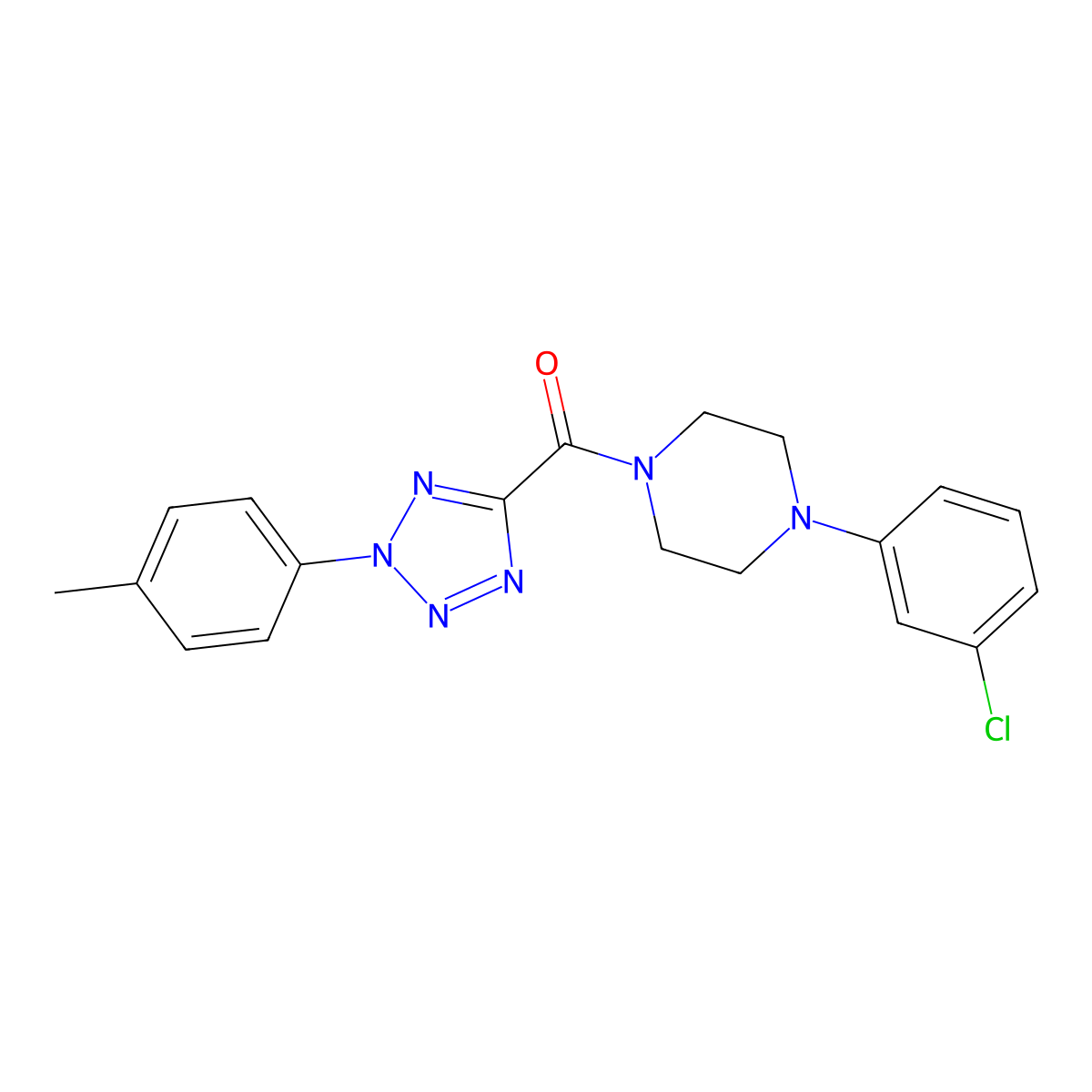 (4-(3-chlorophenyl)piperazin-1-yl)(2-(p-tolyl)-2H-tetrazol-5-yl)methanone molecular structure, CAS 1396877-42-1