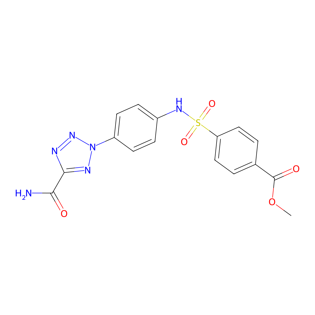 methyl 4-(N-(4-(5-carbamoyl-2H-tetrazol-2-yl)phenyl)sulfamoyl)benzoate molecular structure, CAS 1396877-44-3