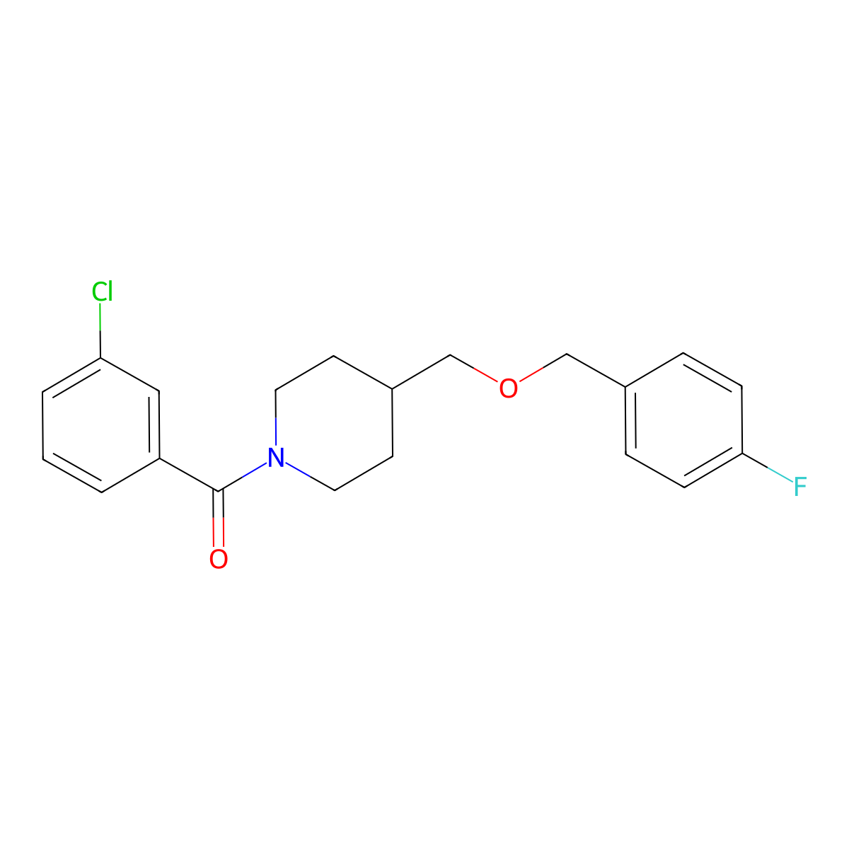 (3-Chlorophenyl)(4-(((4-fluorobenzyl)oxy)methyl)piperidin-1-yl)methanone molecular structure, CAS 1396877-57-8