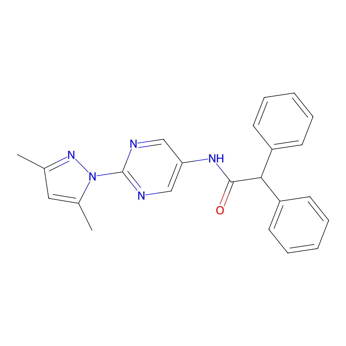 N-(2-(3,5-dimethyl-1H-pyrazol-1-yl)pyrimidin-5-yl)-2,2-diphenylacetamide molecular structure, CAS 1396877-62-5