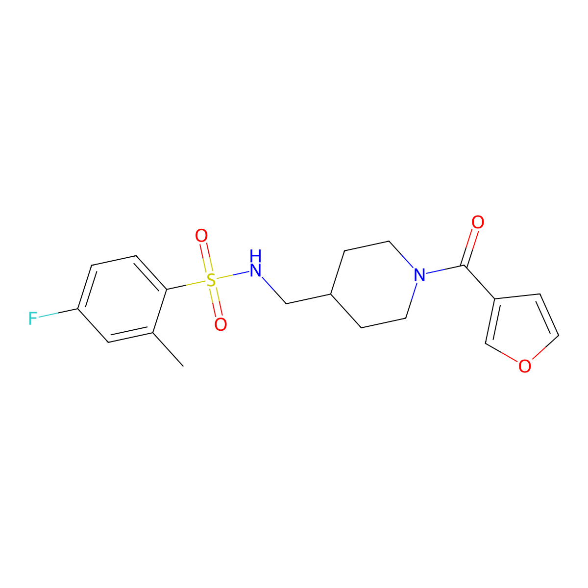4-fluoro-N-((1-(furan-3-carbonyl)piperidin-4-yl)methyl)-2-methylbenzenesulfonamide molecular structure, CAS 1396877-64-7