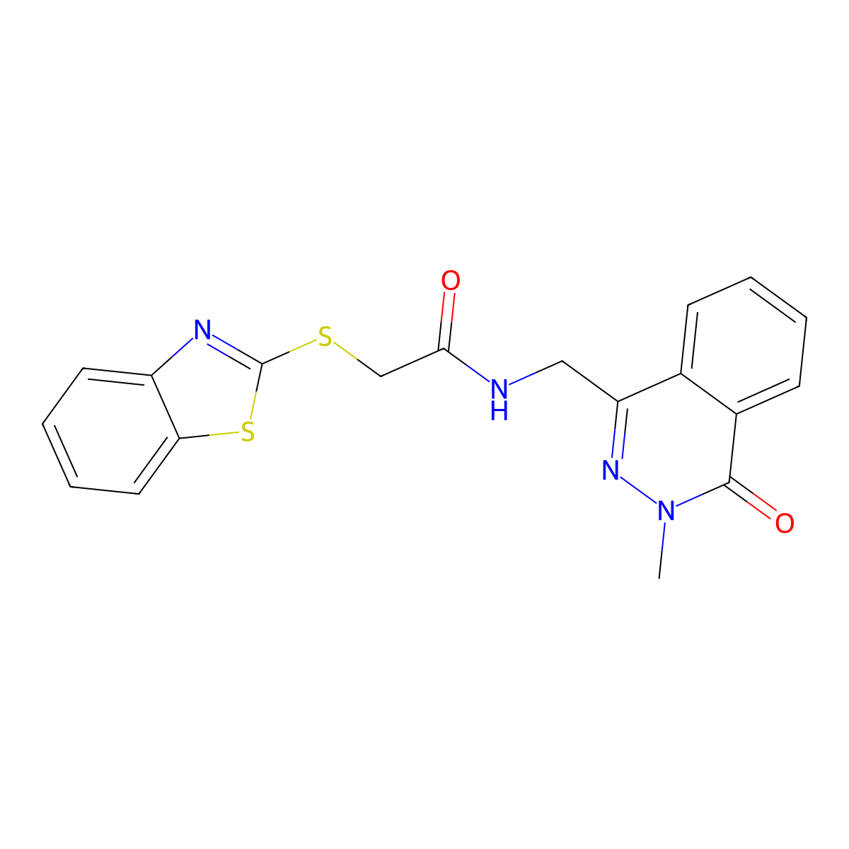 2-(benzo[d]thiazol-2-ylthio)-N-((3-methyl-4-oxo-3,4-dihydrophthalazin-1-yl)methyl)acetamide molecular structure, CAS 1396877-68-1