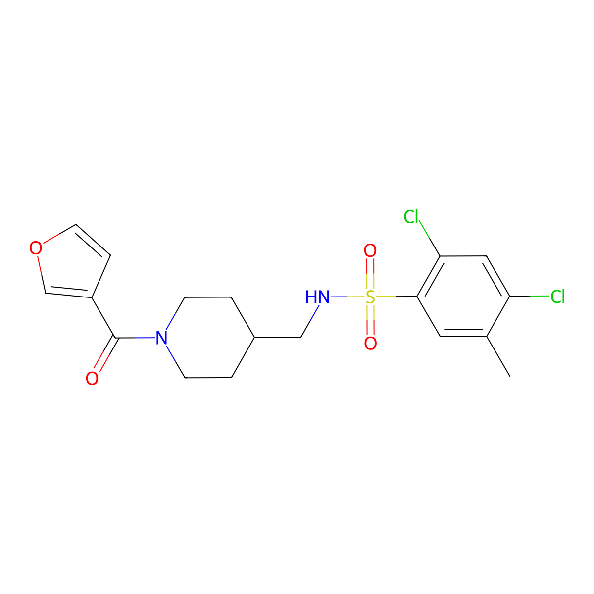 2,4-dichloro-N-((1-(furan-3-carbonyl)piperidin-4-yl)methyl)-5-methylbenzenesulfonamide molecular structure, CAS 1396877-73-8