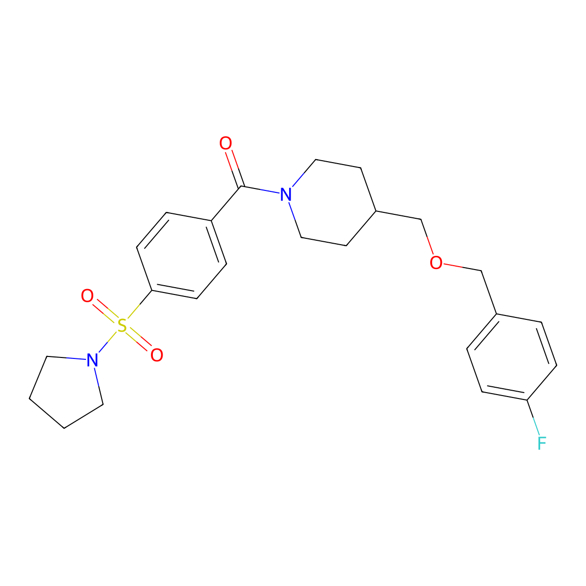 (4-(((4-Fluorobenzyl)oxy)methyl)piperidin-1-yl)(4-(pyrrolidin-1-ylsulfonyl)phenyl)methanone molecular structure, CAS 1396877-74-9