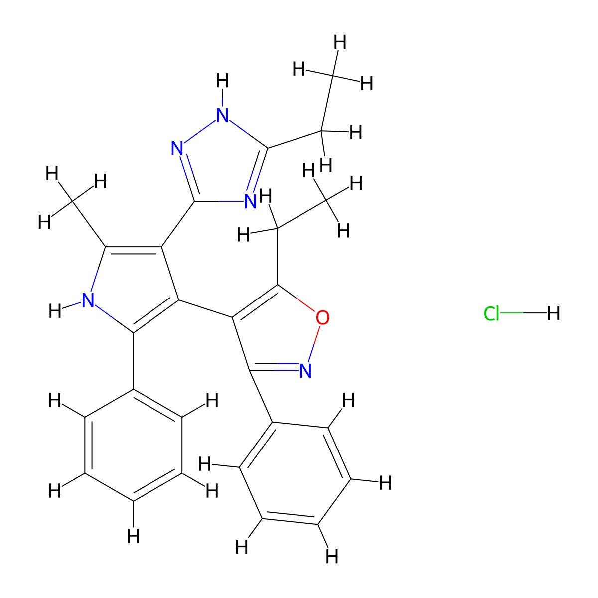 5-ethyl-4-(4-(5-ethyl-4H-1,2,4-triazol-3-yl)-5-methyl-2-phenyl-1H-pyrrol-3-yl)-3-phenylisoxazole hydrochloride molecular structure, CAS 1396878-17-3