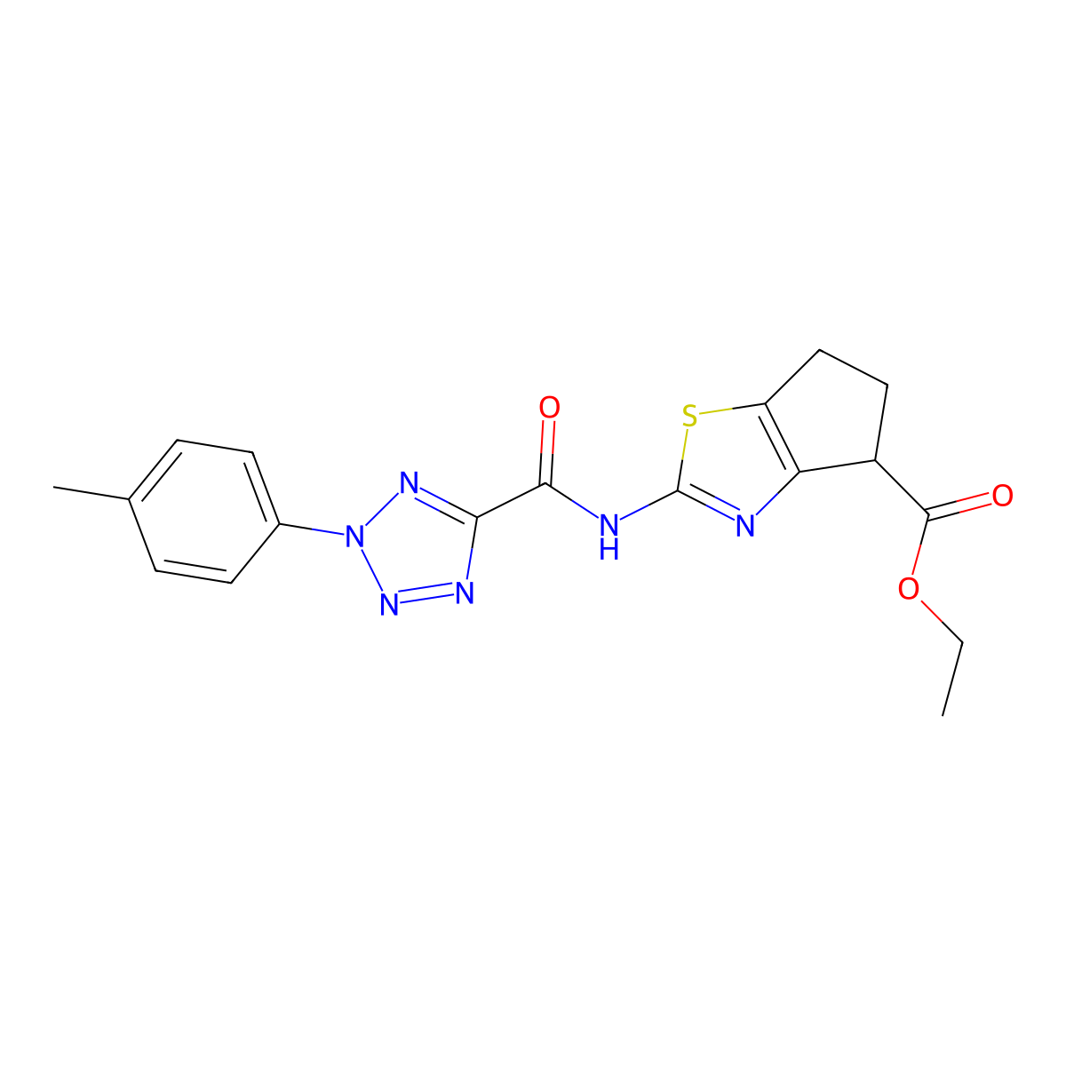 ethyl 2-(2-(p-tolyl)-2H-tetrazole-5-carboxamido)-5,6-dihydro-4H-cyclopenta[d]thiazole-4-carboxylate molecular structure, CAS 1396878-19-5