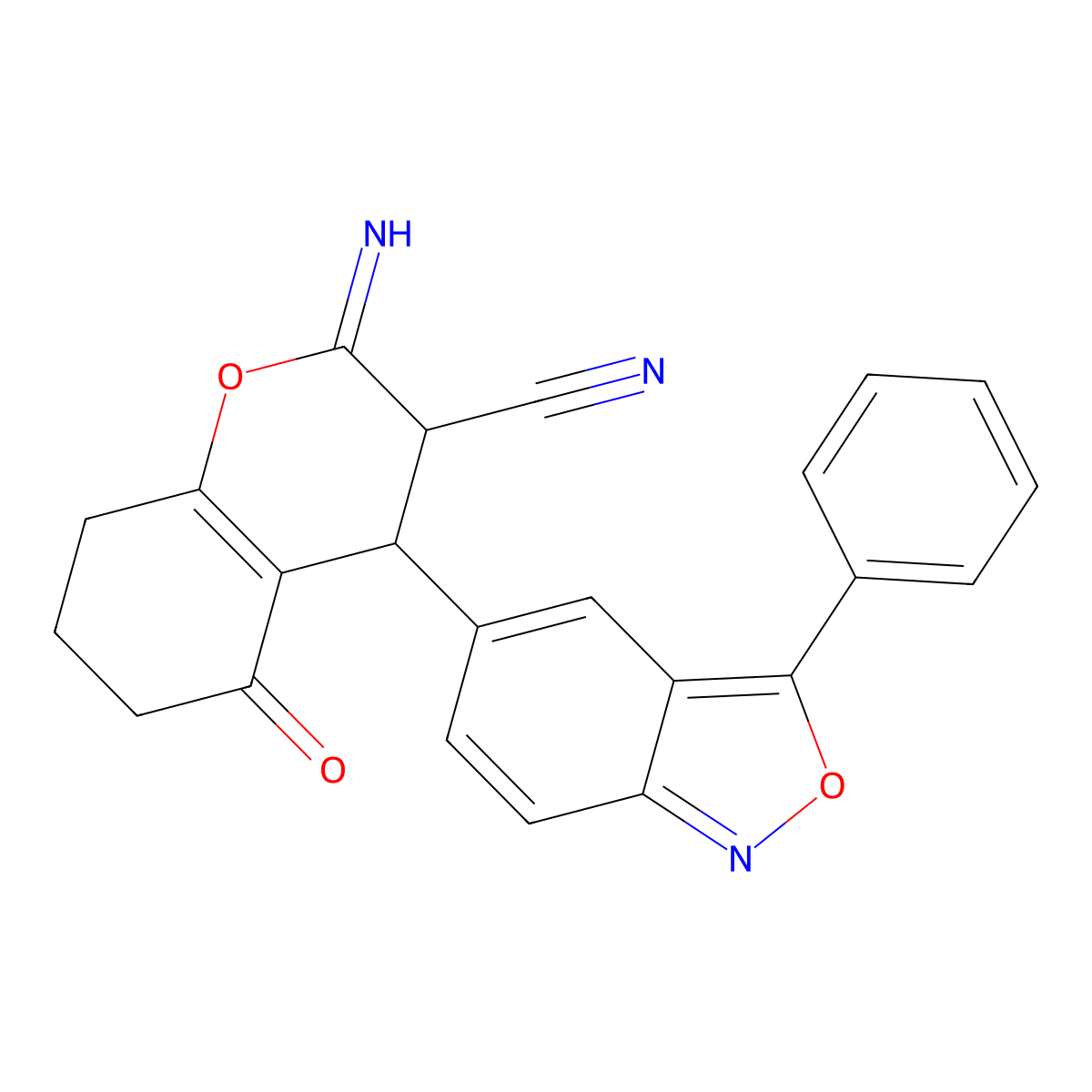 2-imino-5-oxo-4-(3-phenylbenzo[c]isoxazol-5-yl)-3,4,5,6,7,8-hexahydro-2H-chromene-3-carbonitrile molecular structure, CAS 1396878-41-3