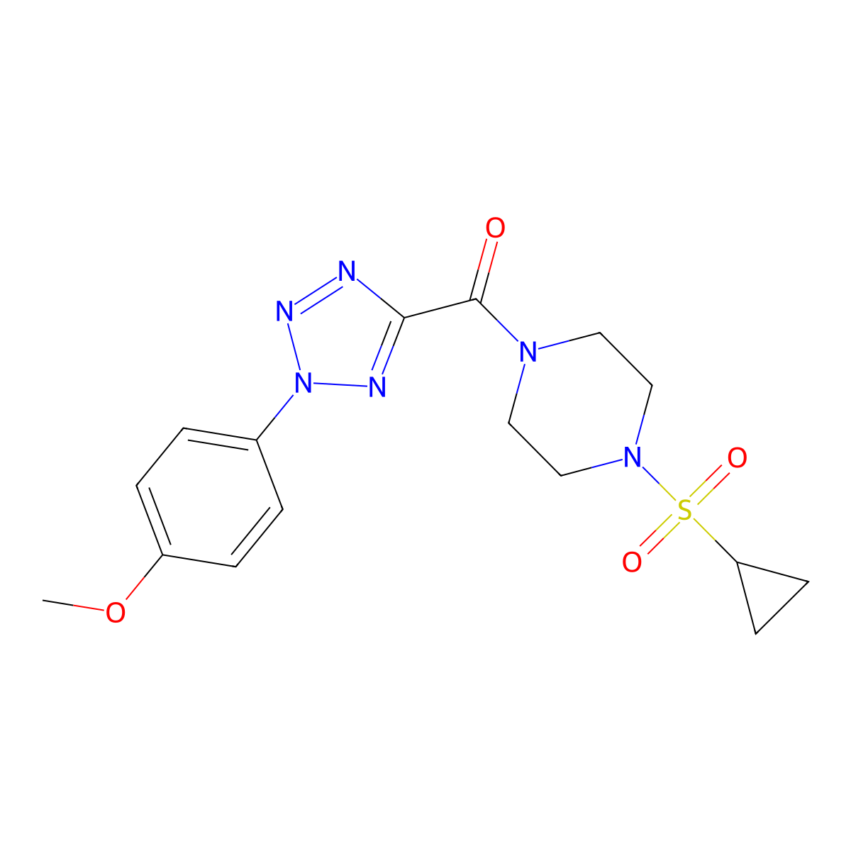 (4-(cyclopropylsulfonyl)piperazin-1-yl)(2-(4-methoxyphenyl)-2H-tetrazol-5-yl)methanone molecular structure, CAS 1396878-44-6