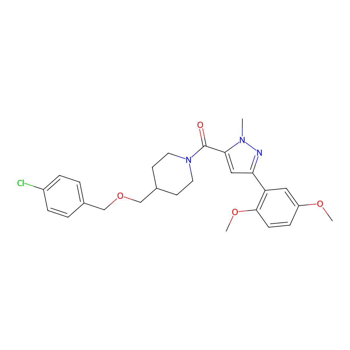 (4-(((4-chlorobenzyl)oxy)methyl)piperidin-1-yl)(3-(2,5-dimethoxyphenyl)-1-methyl-1H-pyrazol-5-yl)methanone molecular structure, CAS 1396878-62-8