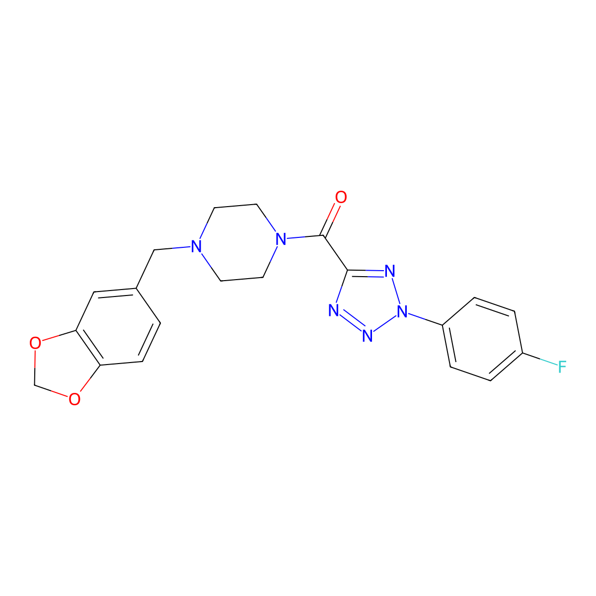 (4-(benzo[d][1,3]dioxol-5-ylmethyl)piperazin-1-yl)(2-(4-fluorophenyl)-2H-tetrazol-5-yl)methanone molecular structure, CAS 1396878-69-5
