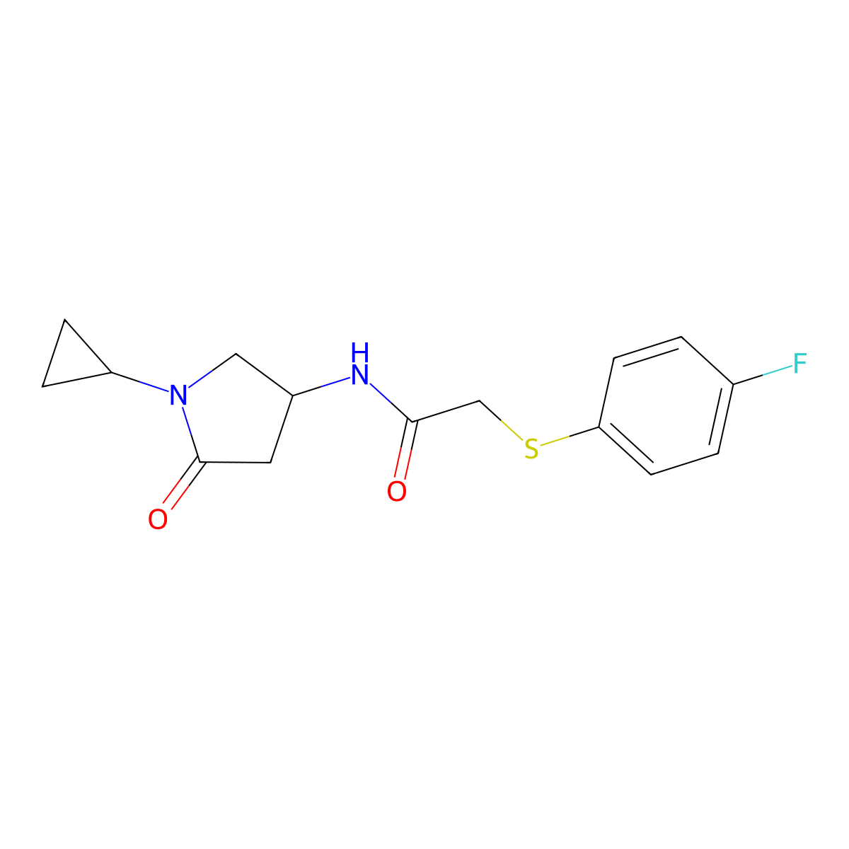 N-(1-cyclopropyl-5-oxopyrrolidin-3-yl)-2-((4-fluorophenyl)thio)acetamide molecular structure, CAS 1396878-70-8