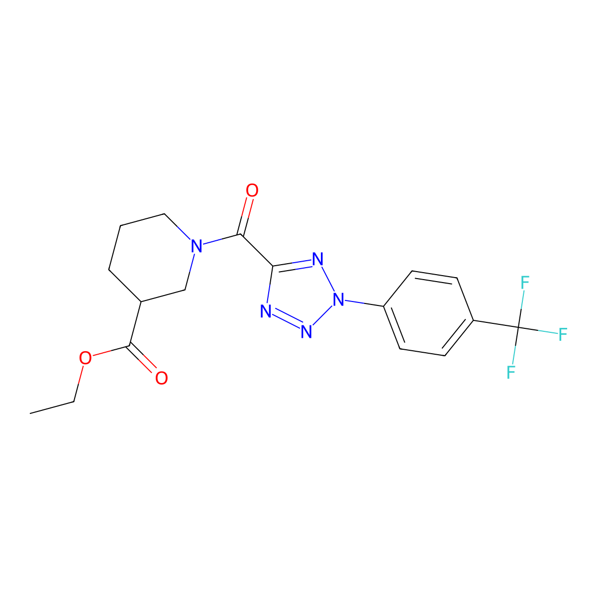 ethyl 1-(2-(4-(trifluoromethyl)phenyl)-2H-tetrazole-5-carbonyl)piperidine-3-carboxylate molecular structure, CAS 1396879-09-6
