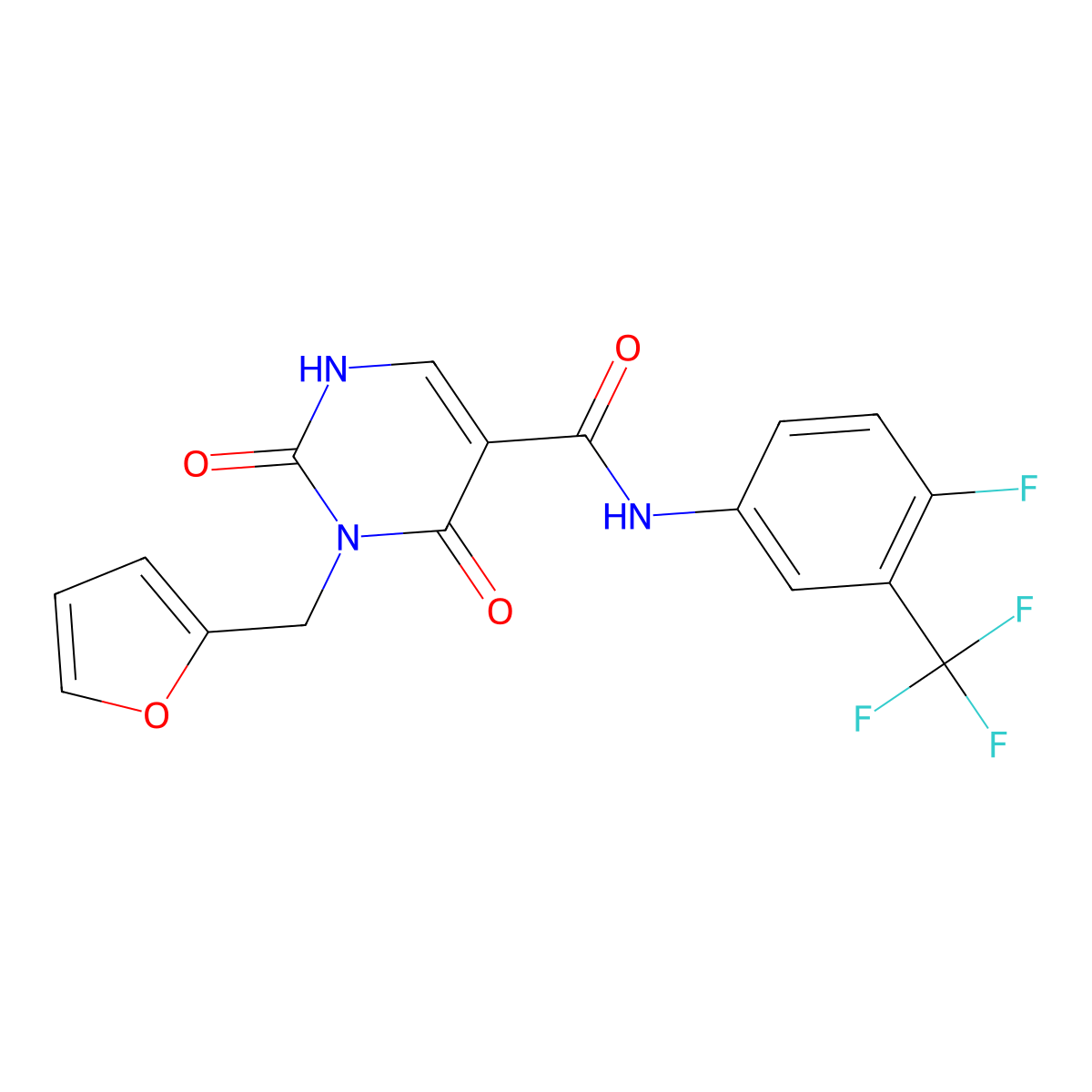 N-(4-fluoro-3-(trifluoromethyl)phenyl)-3-(furan-2-ylmethyl)-2,4-dioxo-1,2,3,4-tetrahydropyrimidine-5-carboxamide molecular structure, CAS 1396879-14-3
