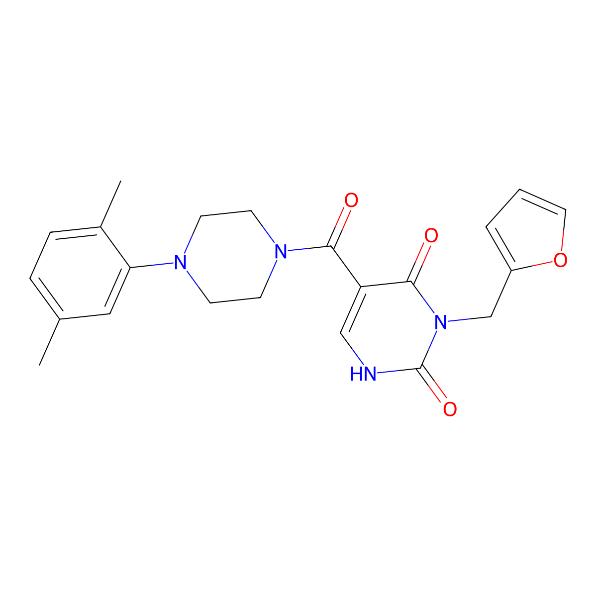 5-(4-(2,5-dimethylphenyl)piperazine-1-carbonyl)-3-(furan-2-ylmethyl)pyrimidine-2,4(1H,3H)-dione molecular structure, CAS 1396879-20-1