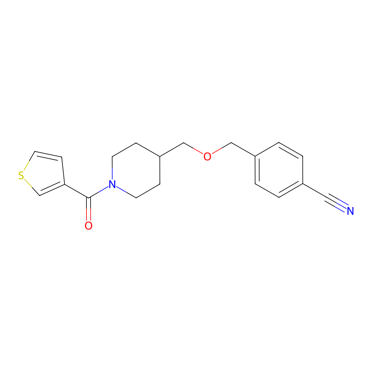 4-(((1-(Thiophene-3-carbonyl)piperidin-4-yl)methoxy)methyl)benzonitrile molecular structure, CAS 1396879-24-5