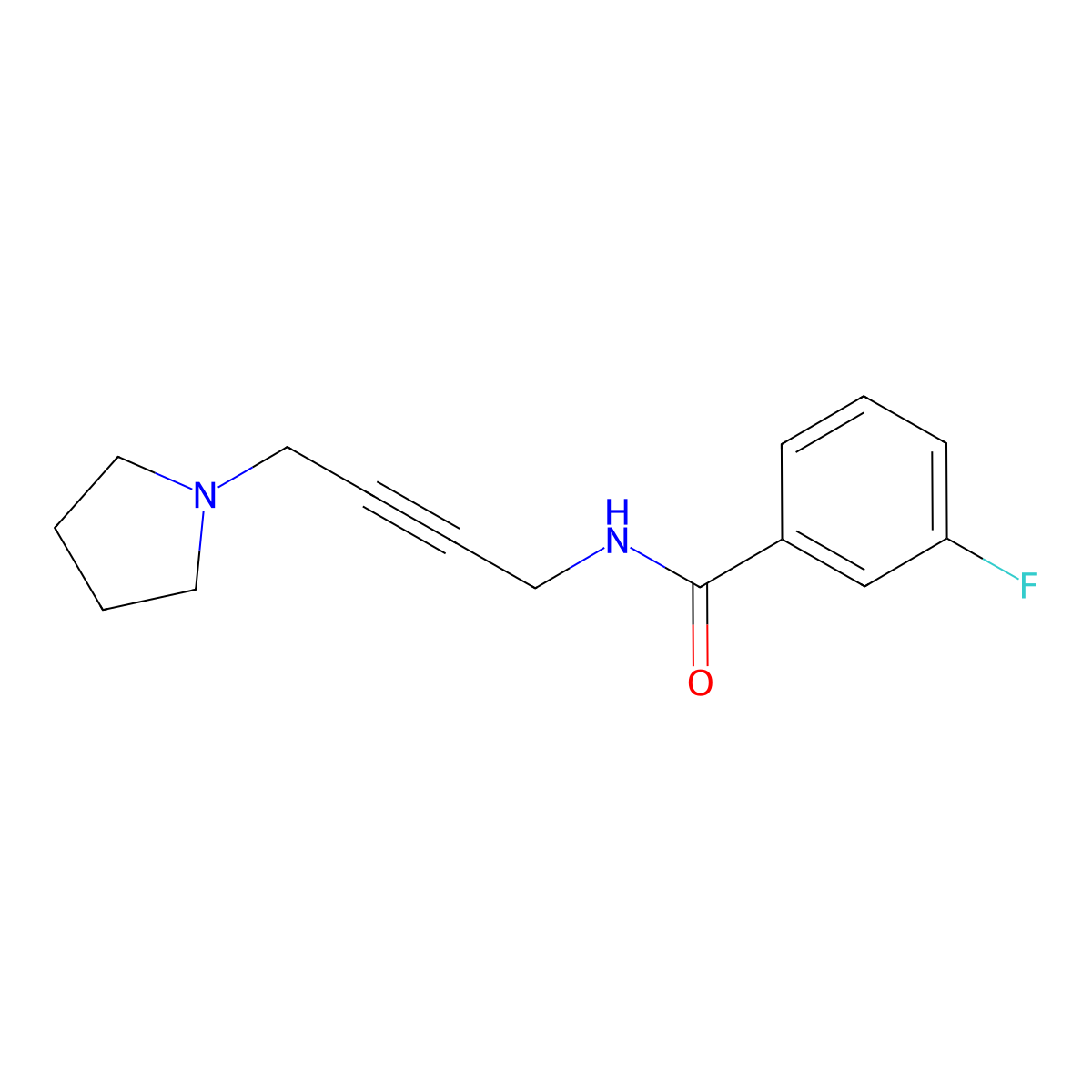 3-fluoro-N-(4-(pyrrolidin-1-yl)but-2-yn-1-yl)benzamide molecular structure, CAS 1396879-42-7