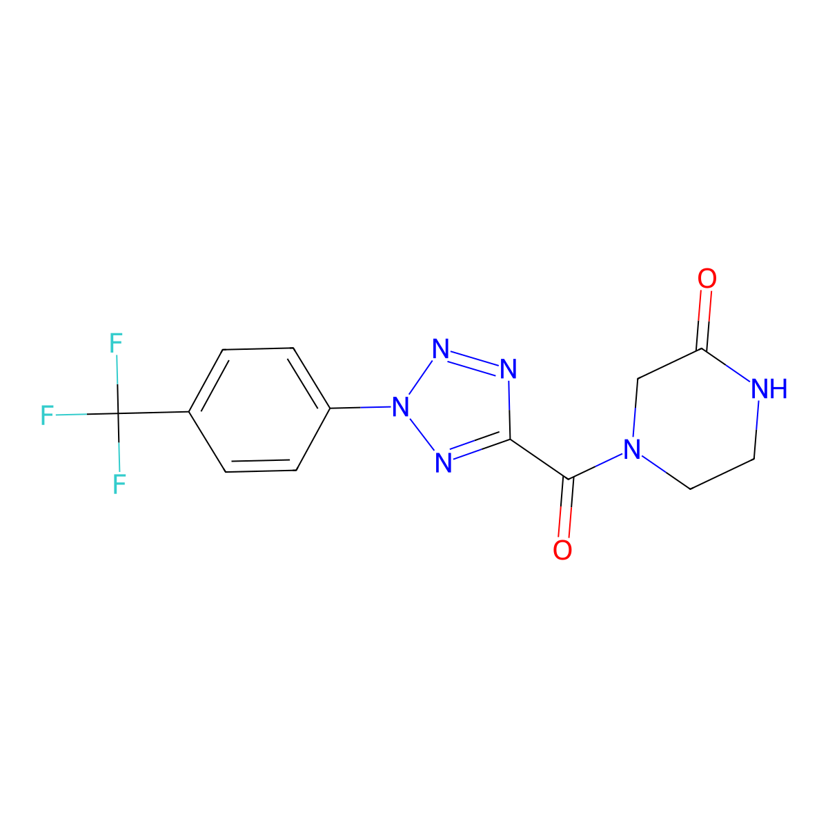 4-(2-(4-(trifluoromethyl)phenyl)-2H-tetrazole-5-carbonyl)piperazin-2-one molecular structure, CAS 1396879-51-8
