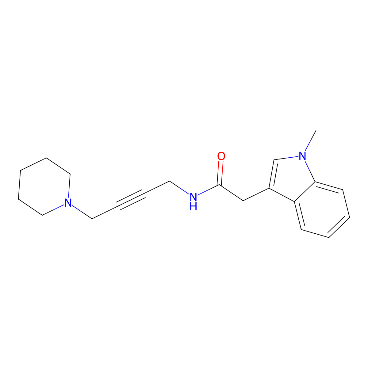 2-(1-methyl-1H-indol-3-yl)-N-[4-(piperidin-1-yl)but-2-yn-1-yl]acetamide molecular structure, CAS 1396879-75-6