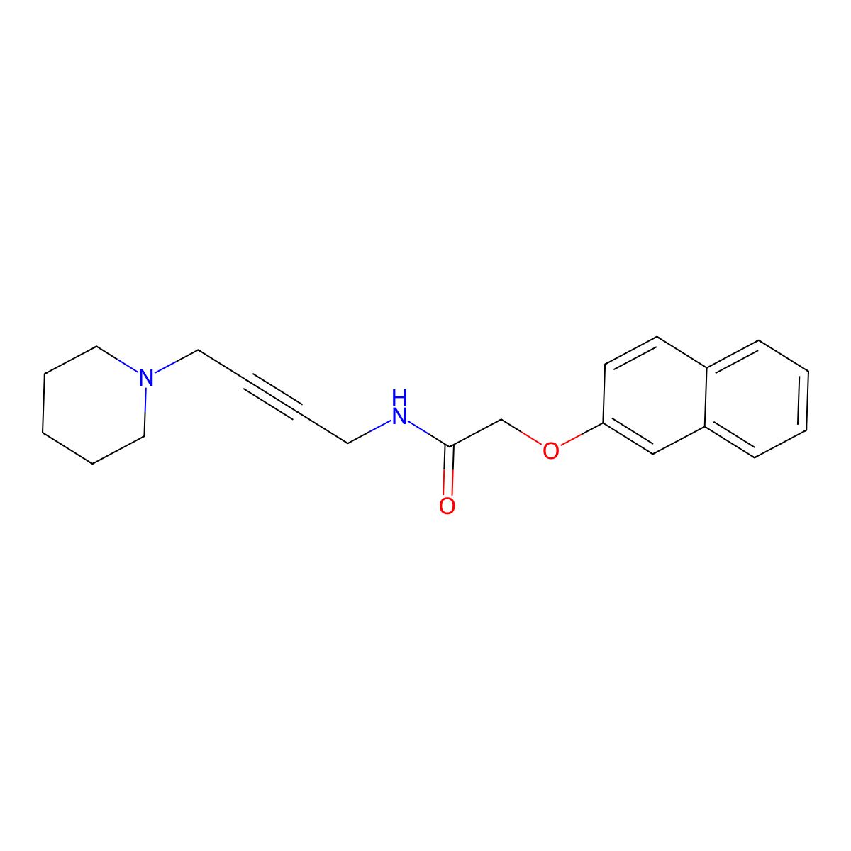 2-(naphthalen-2-yloxy)-N-(4-(piperidin-1-yl)but-2-yn-1-yl)acetamide molecular structure, CAS 1396879-82-5