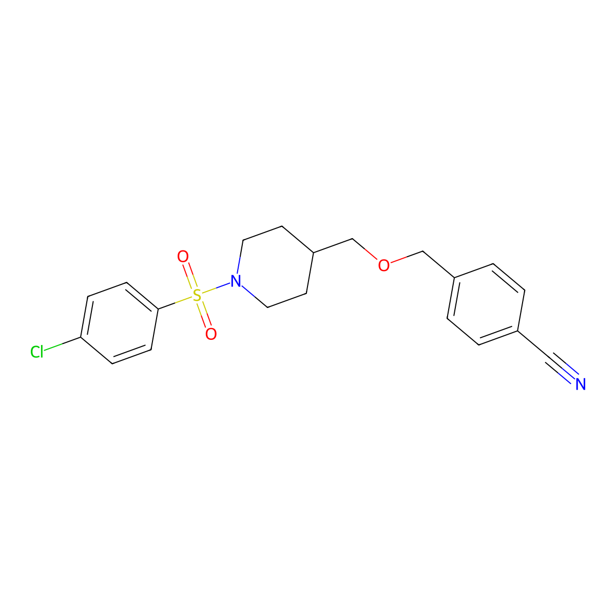 4-(((1-((4-Chlorophenyl)sulfonyl)piperidin-4-yl)methoxy)methyl)benzonitrile molecular structure, CAS 1396879-87-0