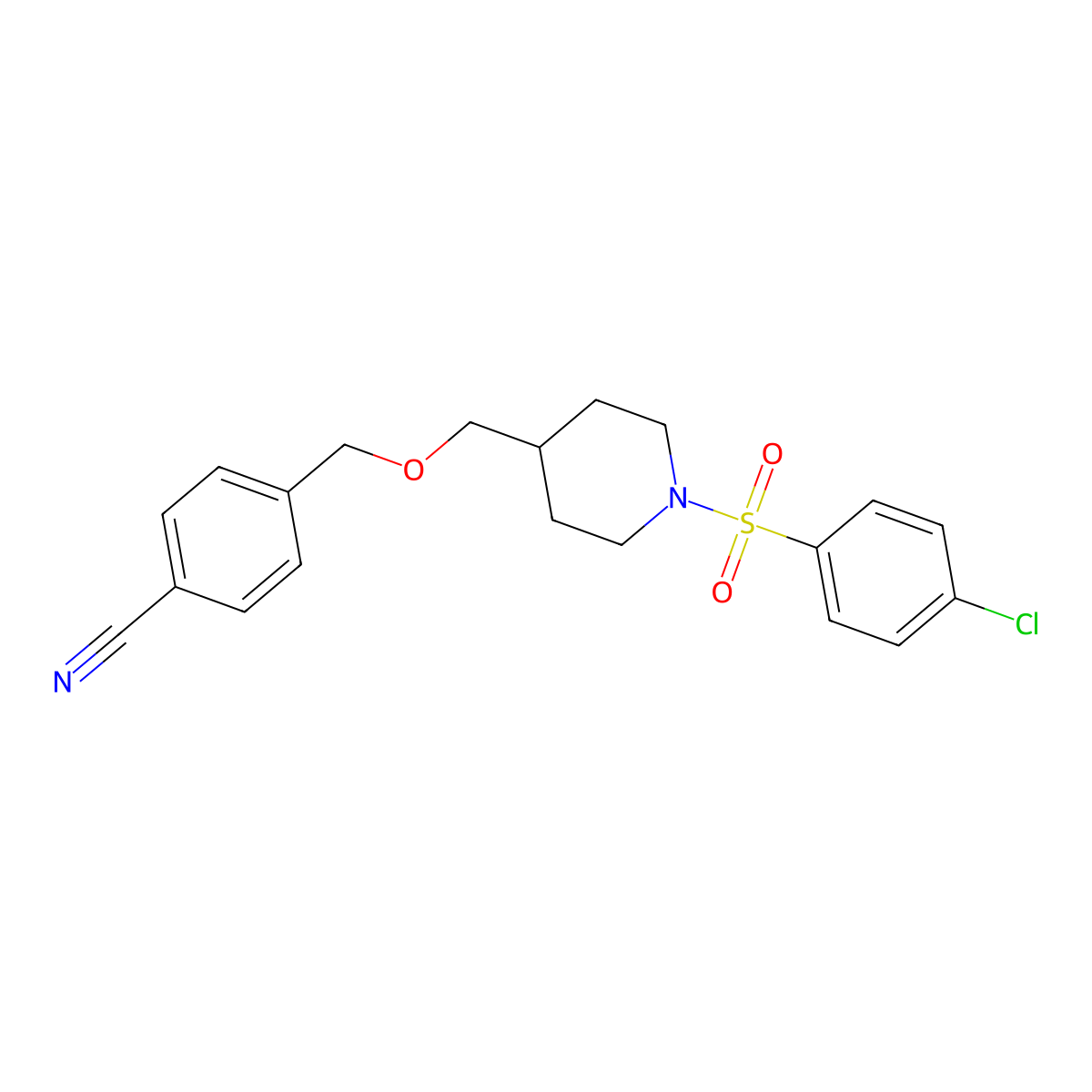4-(((1-((4-Chlorophenyl)sulfonyl)piperidin-4-yl)methoxy)methyl)benzonitrile molecular structure, CAS 1396879-87-0