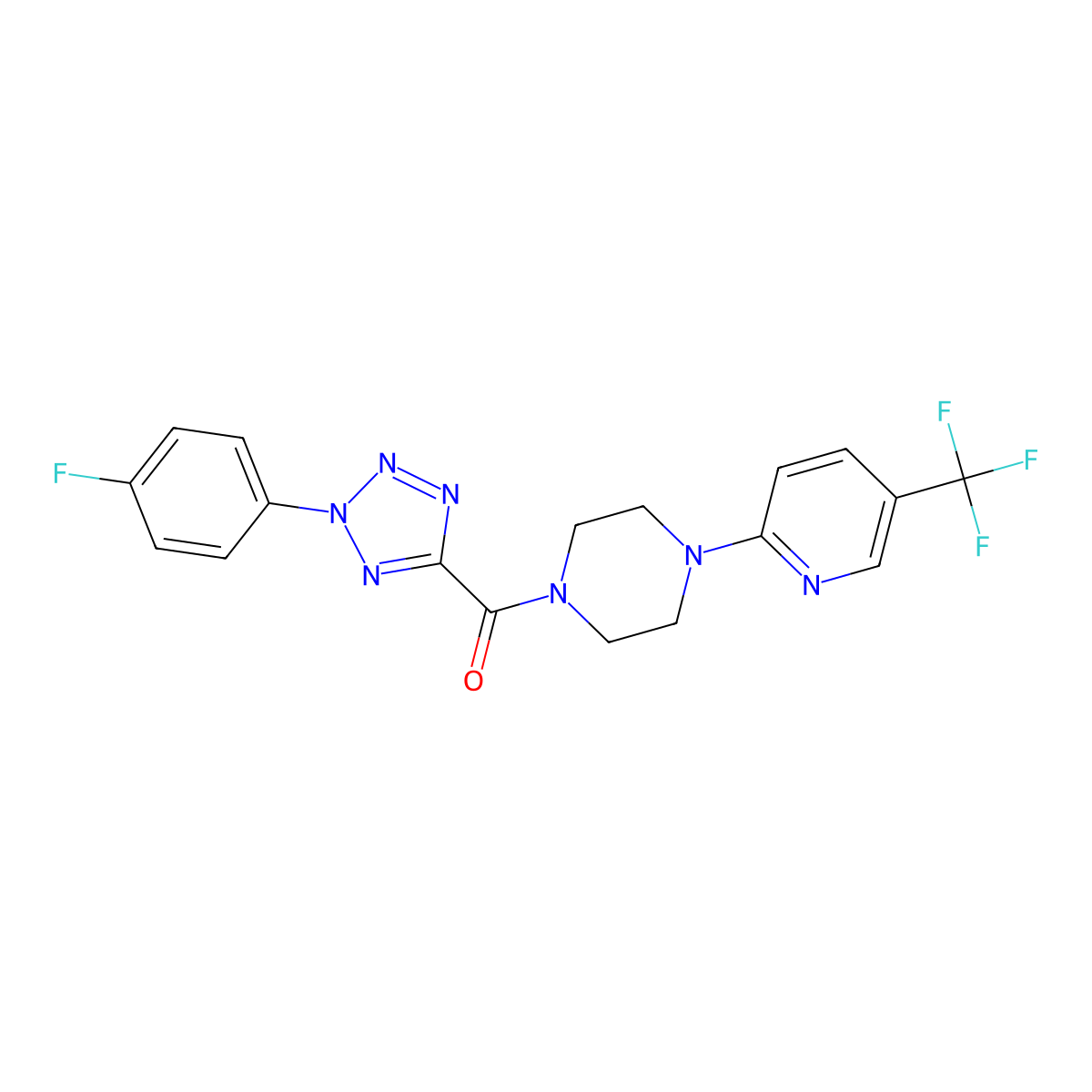 (2-(4-fluorophenyl)-2H-tetrazol-5-yl)(4-(5-(trifluoromethyl)pyridin-2-yl)piperazin-1-yl)methanone molecular structure, CAS 1396879-95-0