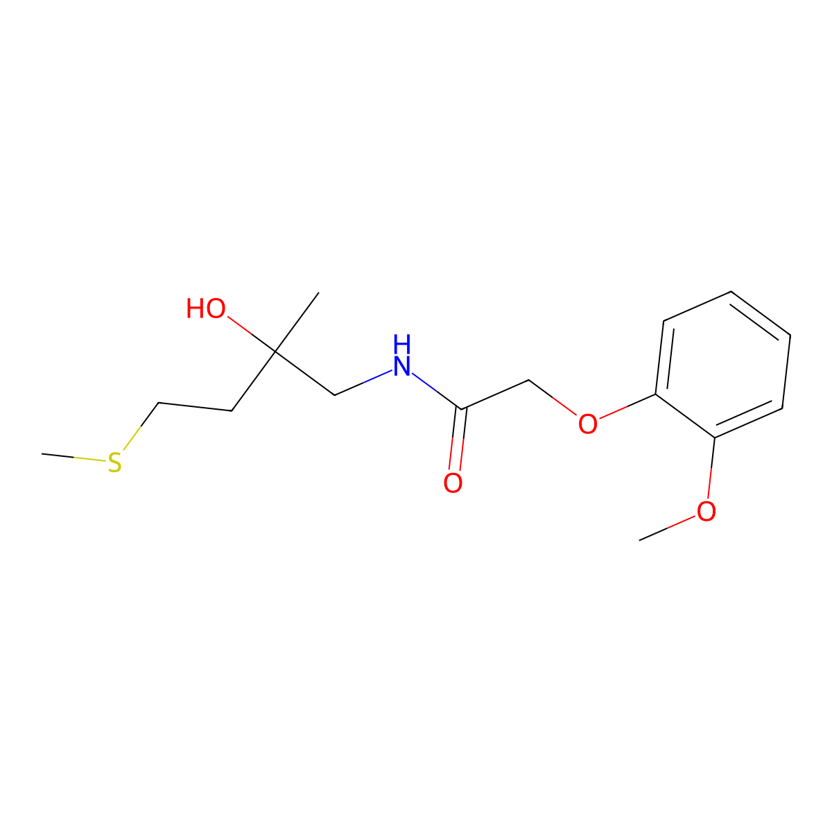 N-(2-hydroxy-2-methyl-4-(methylthio)butyl)-2-(2-methoxyphenoxy)acetamide molecular structure, CAS 1396879-99-4