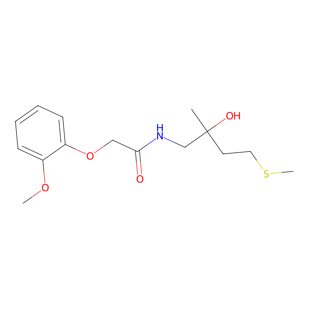 N-(2-hydroxy-2-methyl-4-(methylthio)butyl)-2-(2-methoxyphenoxy)acetamide molecular structure, CAS 1396879-99-4