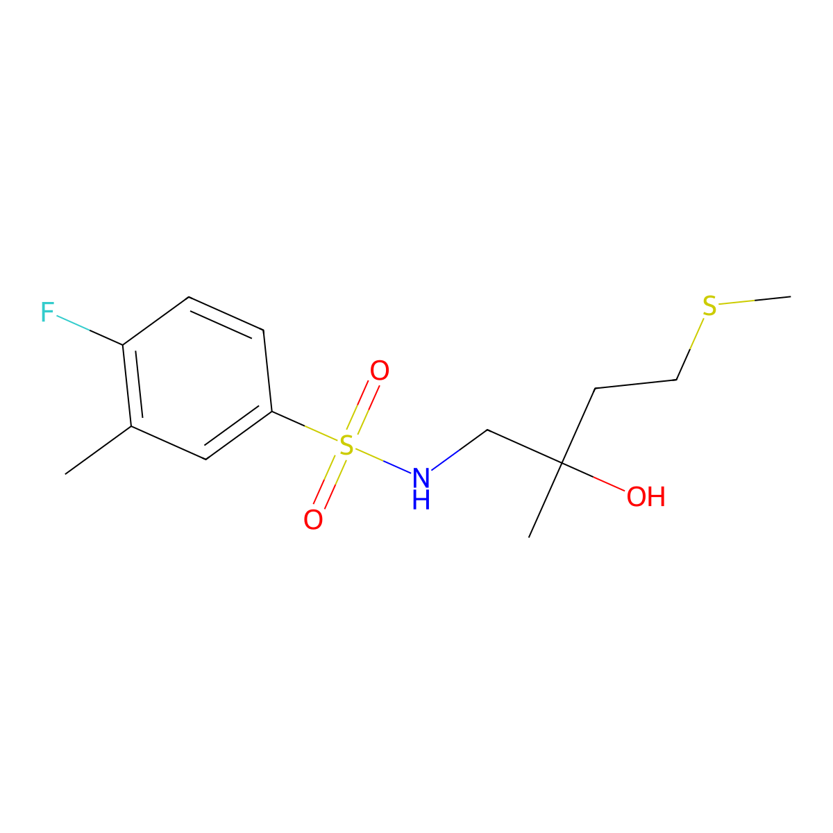 4-fluoro-N-(2-hydroxy-2-methyl-4-(methylthio)butyl)-3-methylbenzenesulfonamide molecular structure, CAS 1396880-14-0