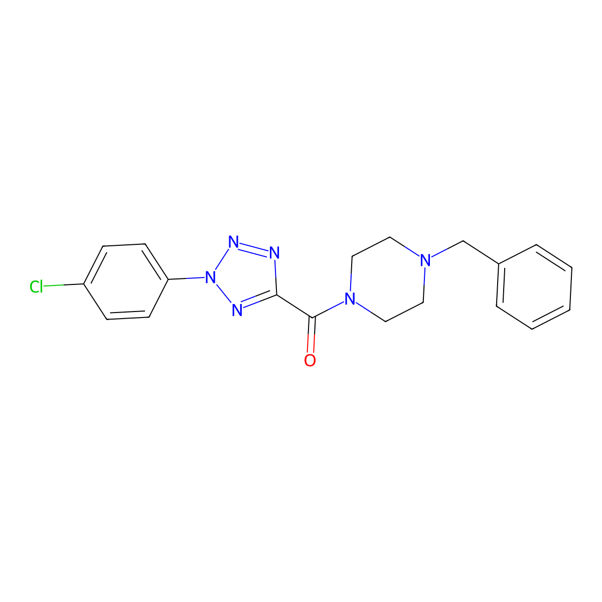 (4-benzylpiperazin-1-yl)(2-(4-chlorophenyl)-2H-tetrazol-5-yl)methanone molecular structure, CAS 1396880-17-3
