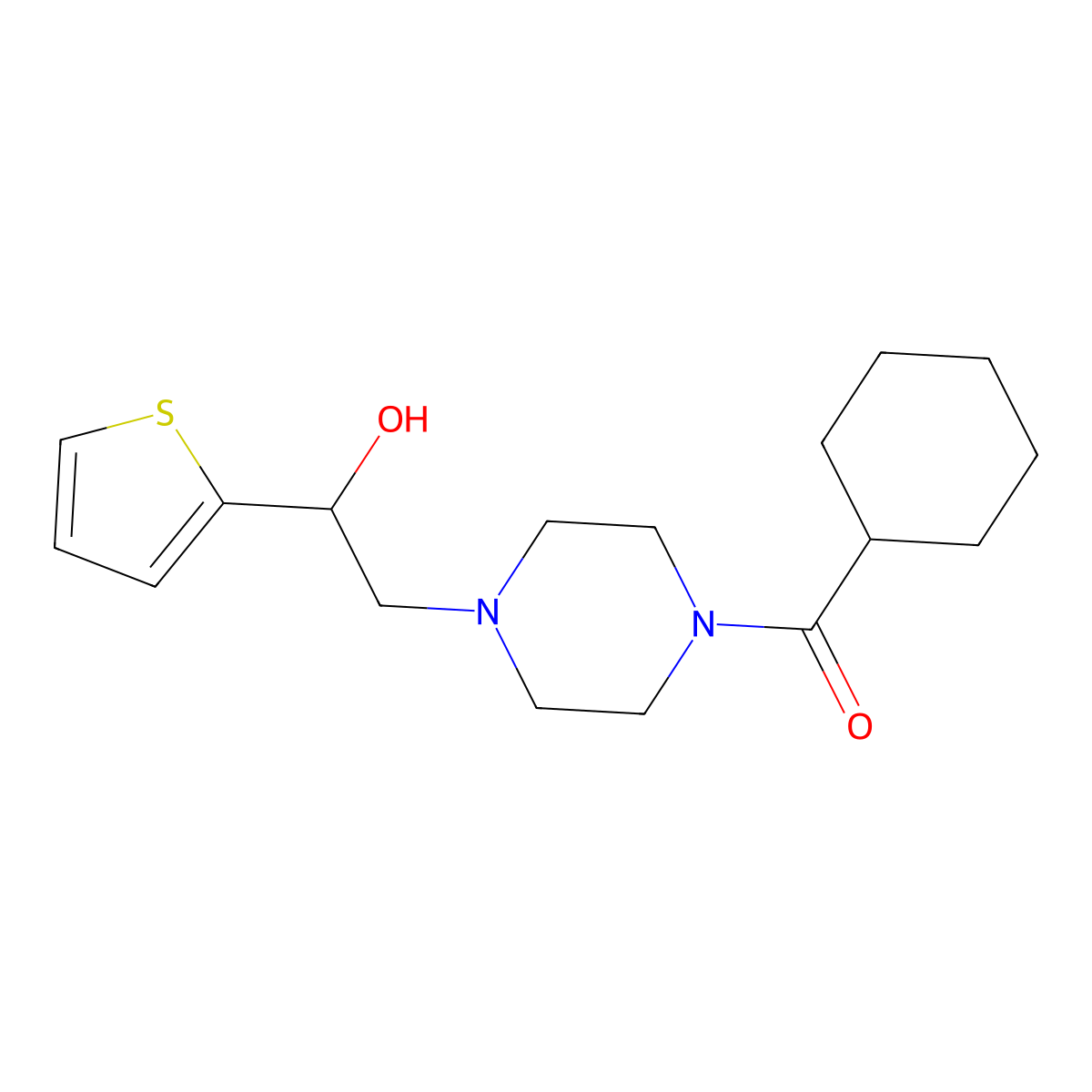 Cyclohexyl(4-(2-hydroxy-2-(thiophen-2-yl)ethyl)piperazin-1-yl)methanone molecular structure, CAS 1396880-31-1