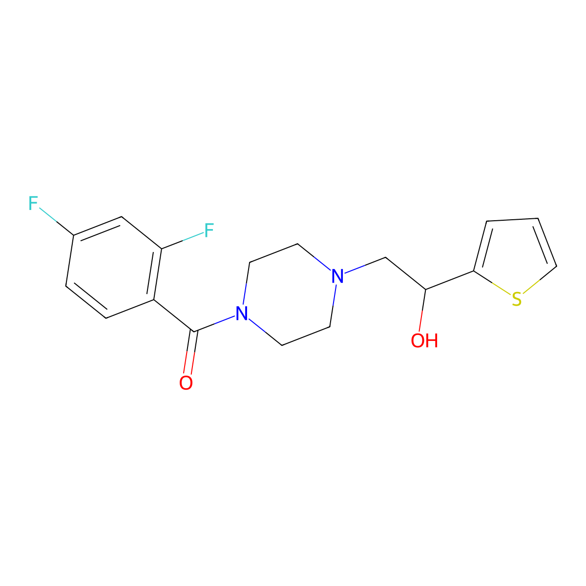 (2,4-Difluorophenyl)(4-(2-hydroxy-2-(thiophen-2-yl)ethyl)piperazin-1-yl)methanone molecular structure, CAS 1396880-53-7