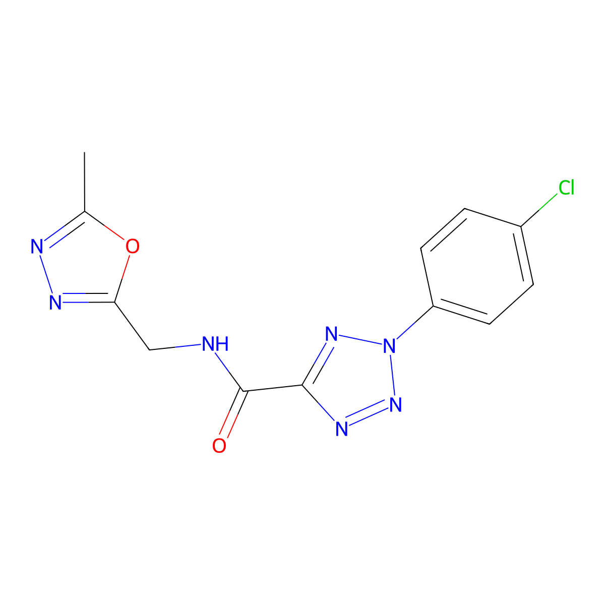 2-(4-chlorophenyl)-N-((5-methyl-1,3,4-oxadiazol-2-yl)methyl)-2H-tetrazole-5-carboxamide molecular structure, CAS 1396880-58-2