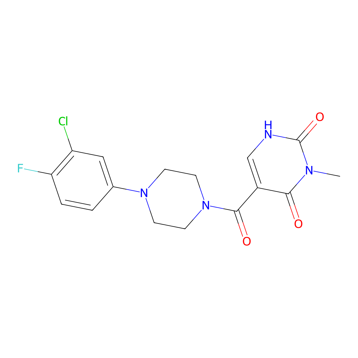 5-(4-(3-chloro-4-fluorophenyl)piperazine-1-carbonyl)-3-methylpyrimidine-2,4(1H,3H)-dione molecular structure, CAS 1396880-85-5