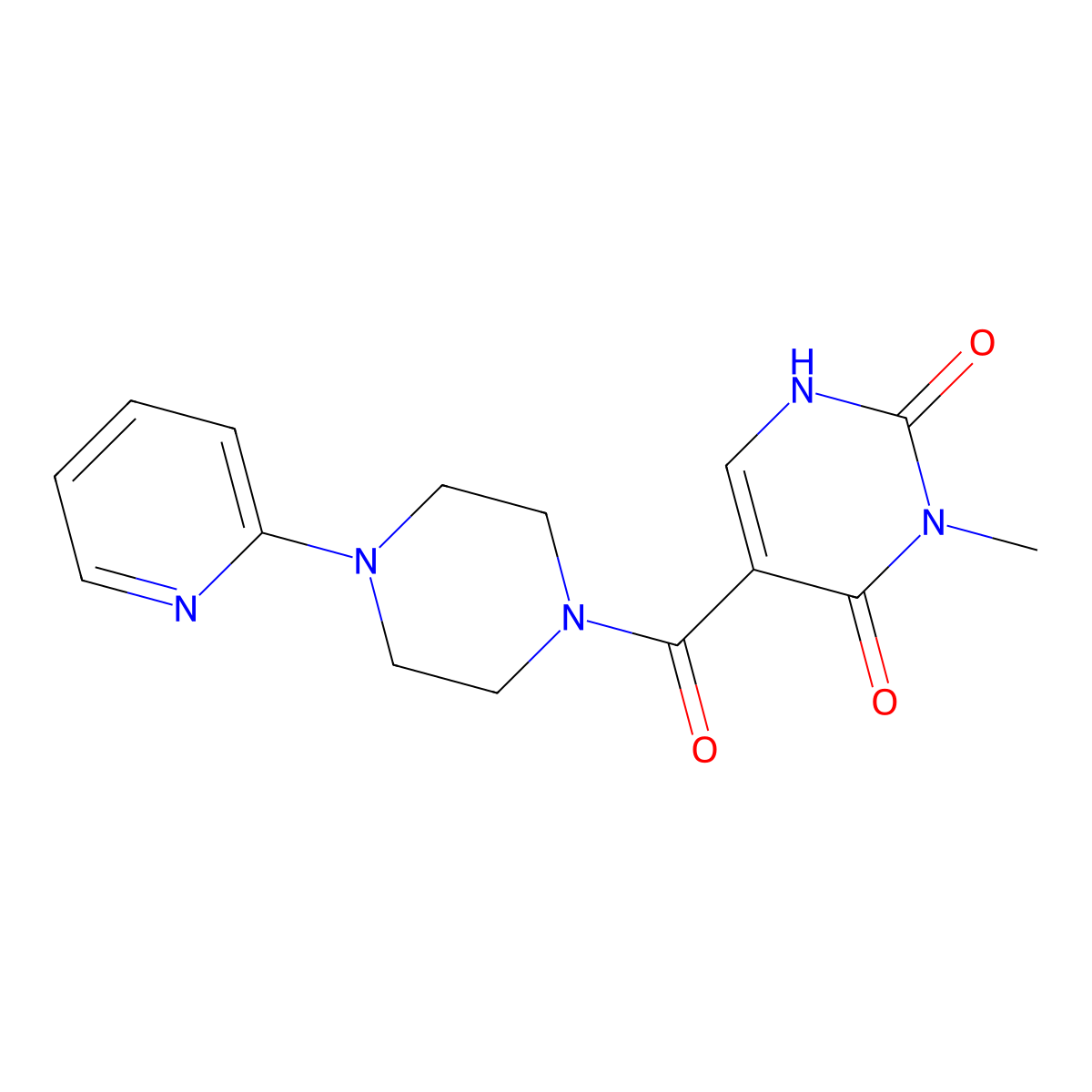3-methyl-5-(4-(pyridin-2-yl)piperazine-1-carbonyl)pyrimidine-2,4(1H,3H)-dione molecular structure, CAS 1396880-92-4