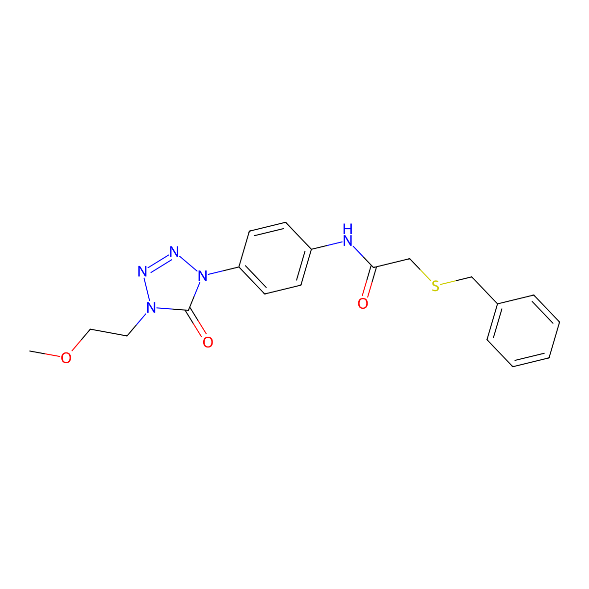 2-(benzylthio)-N-(4-(4-(2-methoxyethyl)-5-oxo-4,5-dihydro-1H-tetrazol-1-yl)phenyl)acetamide molecular structure, CAS 1396880-97-9
